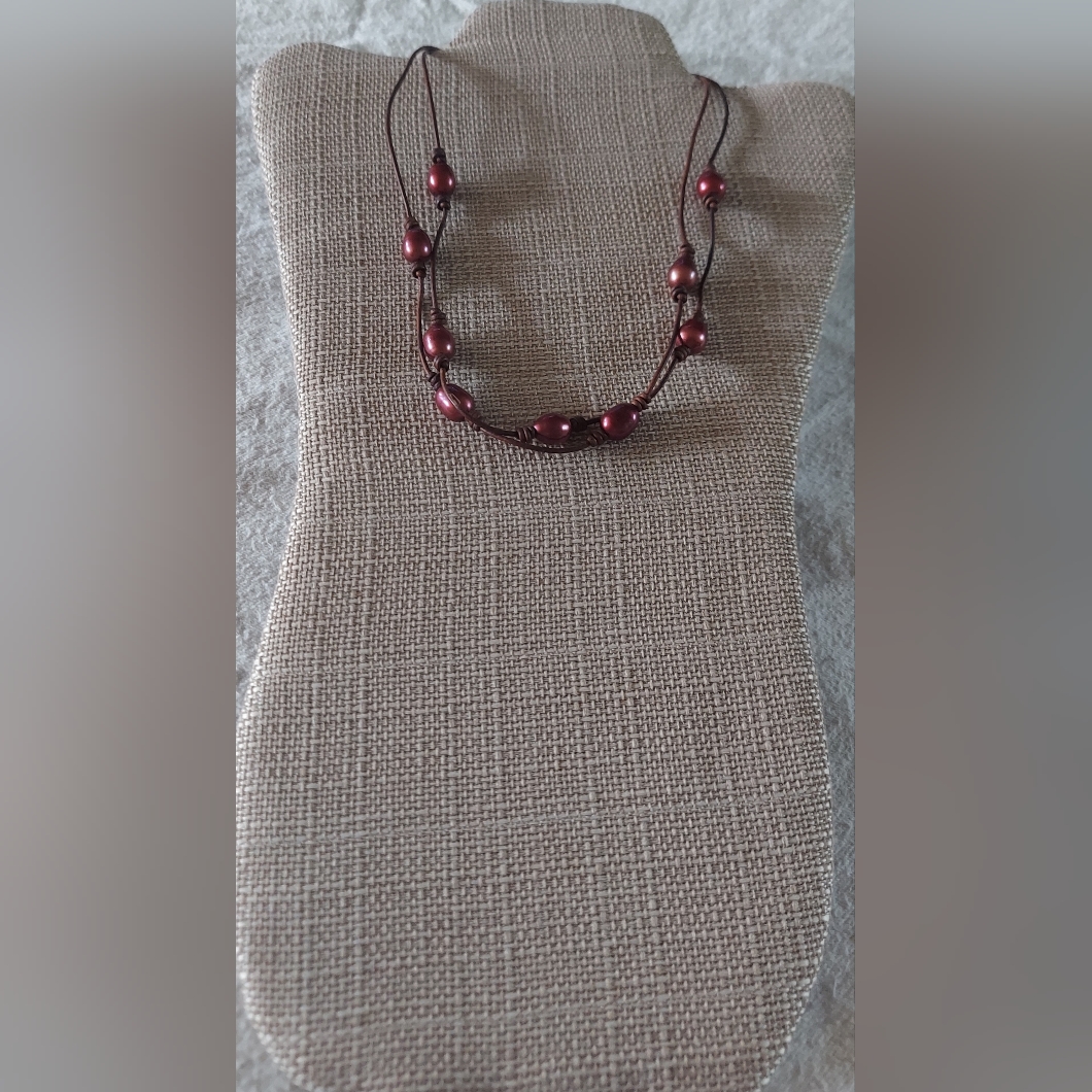 Handmade Wine Pearl And Brown Leather 2-Strand Necklace